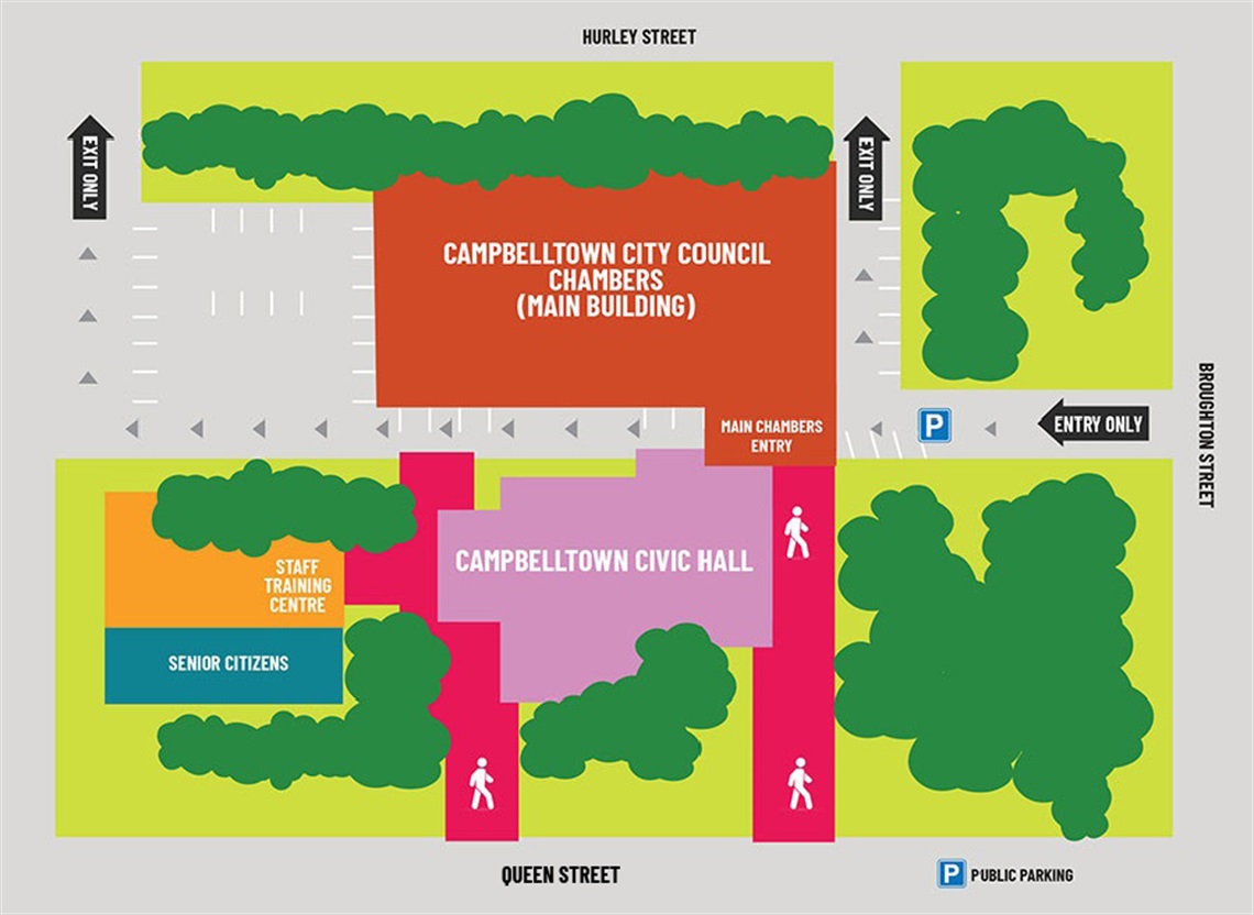 Campbelltown City Council Administration building map showing location of Council chambers, Staff Training Centre, Senior Citizens and Campbelltown Civic Hall buildings